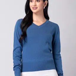FabAlley Blue V-Neck Long Sleeves Embellished Pullover Sweater-picture-50