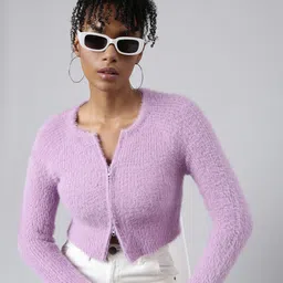 SHOWOFF Long Sleeves Round Neck Crop Cardigan with Fuzzy Sweater-22