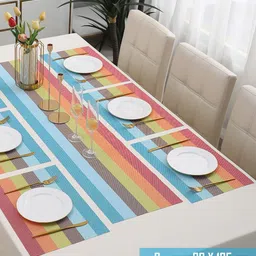 HOKIPO Blue & Orange 7-Pieces Striped Rectangular Table Placemats & Table Runner image 5