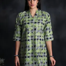Exotic India Checked Printed Mandarin Collar Pure Cotton Kurti-picture-13