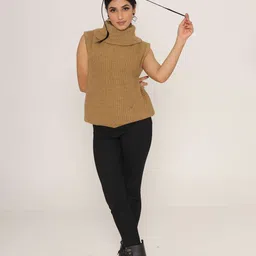 KASMA Women Camel Brown Cable Knit Wool Sweater Vest-picture-11