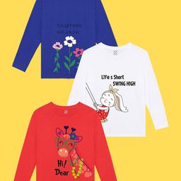 NUSYL Girls Pack of 3 Blue & Red Printed T-shirt-image-75