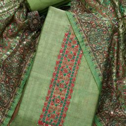 Koskii Green & Maroon Embroidered Art Silk Unstitched Dress Material-image-50