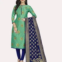 MORLY Sea Green & Blue Dupion Silk Unstitched Dress Material-image-23