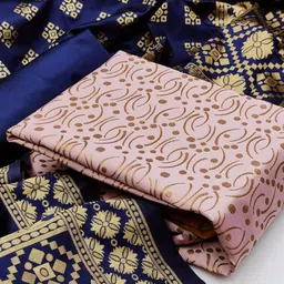 MORLY Pink & Navy Blue Dupion Silk Unstitched Dress Material-51