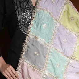 Exotic India Multicolor Block Pattern Dupatta with Zari Gota image 2