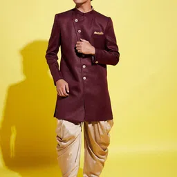 VASTRAMAY Boys Maroon & Rose-Gold Solid Sherwani Set-41
