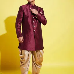 VASTRAMAY Boys Maroon & Gold-Toned Solid Slim-Fit Sherwani Set-18