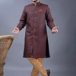 amzira Brocade Mandarin Collar Pure Cotton Sherwani Set-picture-4