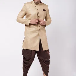 VASTRAMAY Self-Design Mandarin Collar Jute Cotton Slim-Fit Sherwani Set-image-35