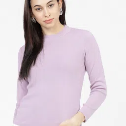 Tokyo Talkies Women Lavender Ribbed Round Neck Solid Pullover-image-98