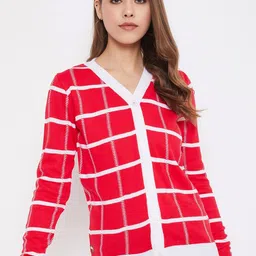 JUMP USA Women Pink & White Checked Cardigan Sweater-image-59