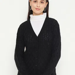 CREATIVE LINE Open Knit Self Design V-Neck Woollen Cardigan-image-1