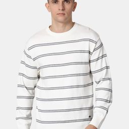 t-base Men Off White & Black Striped Cotton Pullover-image-89