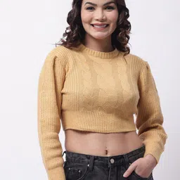 NoBarr Cable Knit Round Neck Long Sleeves Acrylic Crop Pullover Sweater-image-27