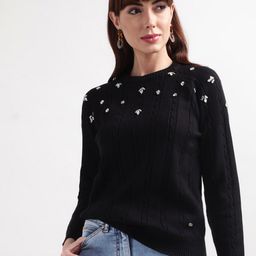 ELLE Women Black & White Self Design Cotton Round Neck Pullover-image-13