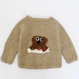 Woonie Unisex Kids Brown & White Longline Pullover with Applique Detail-18