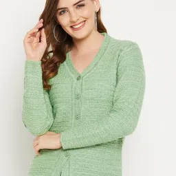 Zigo Women Green Self Design Cable Knit Wool Cardigan Sweater-image-97