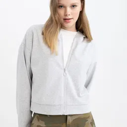 DeFacto Front-Open Zip Closure Hooded Sweatshirt-image-2