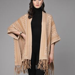 Mafadeny Geometric Printed Lapel Collar Poncho-image-73