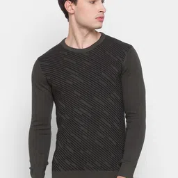 SPYKAR Men Olive Green Striped Pullover Pure Cotton Sweater-picture-9