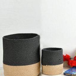 Homefab India Dark-Grey & Brown 2 Pieces Braided Woven Cotton Planter Baskets-5