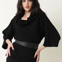 RAREISM Abstract Printed Cowl Neck Acrylic Pullover-image-12