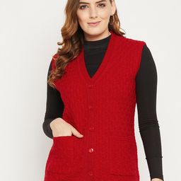 Zigo Women Red Self Design Cable Knit Wool Cardigan Sweater-picture-11