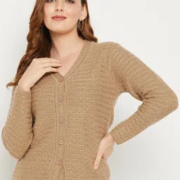 Zigo Women Brown Self Design Cable Knit Wool Cardigan Sweater-image-93