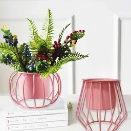Homesake Pink 2 Pieces Round & Oval Planters With Designer Metal Pot Stands-25