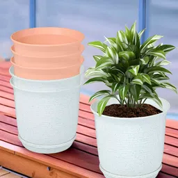 Kuber Industries Marble Sawera White & Peach 6 Pieces Textured Planters With Tray-16