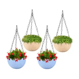 Kuber Industries Beige & Blue 4 Pieces Textured Hanging Planters-25