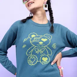 Tokyo Talkies Women Teal & Yellow Jacquard Pullover Sweater-image-50