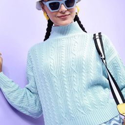 Tokyo Talkies Women Blue Cable Knit Acrylic Pullover Sweaters-image-98