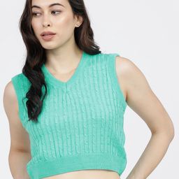 Tokyo Talkies Women Sea Green Crop Pullover-image-12
