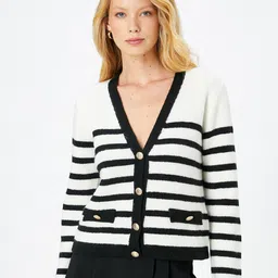 Koton Striped V-Neck Long Sleeve Button Detail Cardigan Sweater-image-55