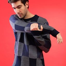 Campus Sutra Blue & Grey Checked Woollen Pullover Sweaters-image-41