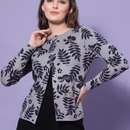 Mafadeny Women Grey & Black Cable Knit Nylon Long Sleeves Cardigan-image-14