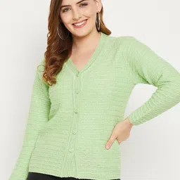 Zigo Women Green Self Design Cable Knit Wool Cardigan Sweater-image-99