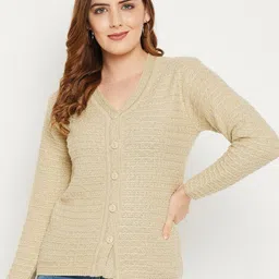 Zigo Women Beige Self Design Cable Knit Wool Cardigan Sweater-image-90