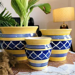 NIYARA Yellow & Blue 3 Pieces Geometric Printed Ceramic Planters-13