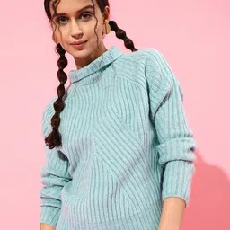 STREET 9 Women Turquoise Blue Striped Sweater-image-59