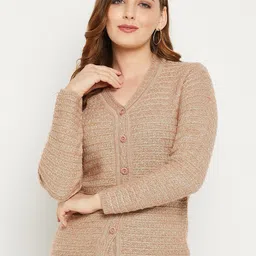 Zigo Women Mauve Self Design Cable Knit Wool Cardigan Sweater-picture-13