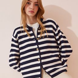 Happiness istanbul Striped Round Neck Acrylic Cardigan Sweater-picture-26