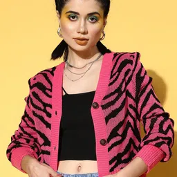 SASSAFRAS Women Printed Animal Printed Crop Cardigan-34