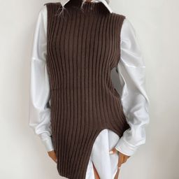 StyleCast Brown Striped High Neck Sleeveless Longline Sweater Vest-image-96