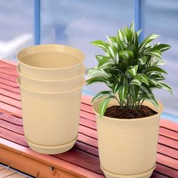Kuber Industries Marble Sawera Beige 4 Pieces Textured Planters With Tray-53