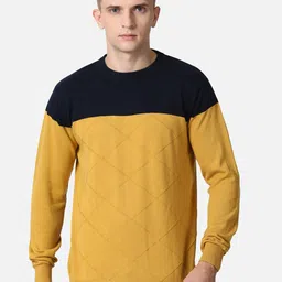 t-base Men Mustard & Black Colourblocked Cotton Pullover-image-85