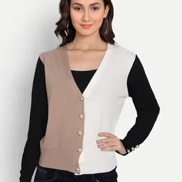 iki chic Women Beige & White Colourblocked Cardigan Sweater-image-62