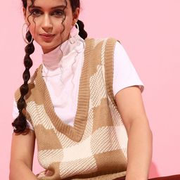STREET 9 Women Deep Brown Checked Sweater-image-85